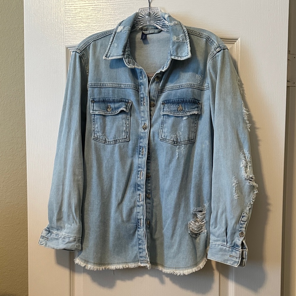 Anthropologie Light Blue Denim Distressed Button Down Shirt